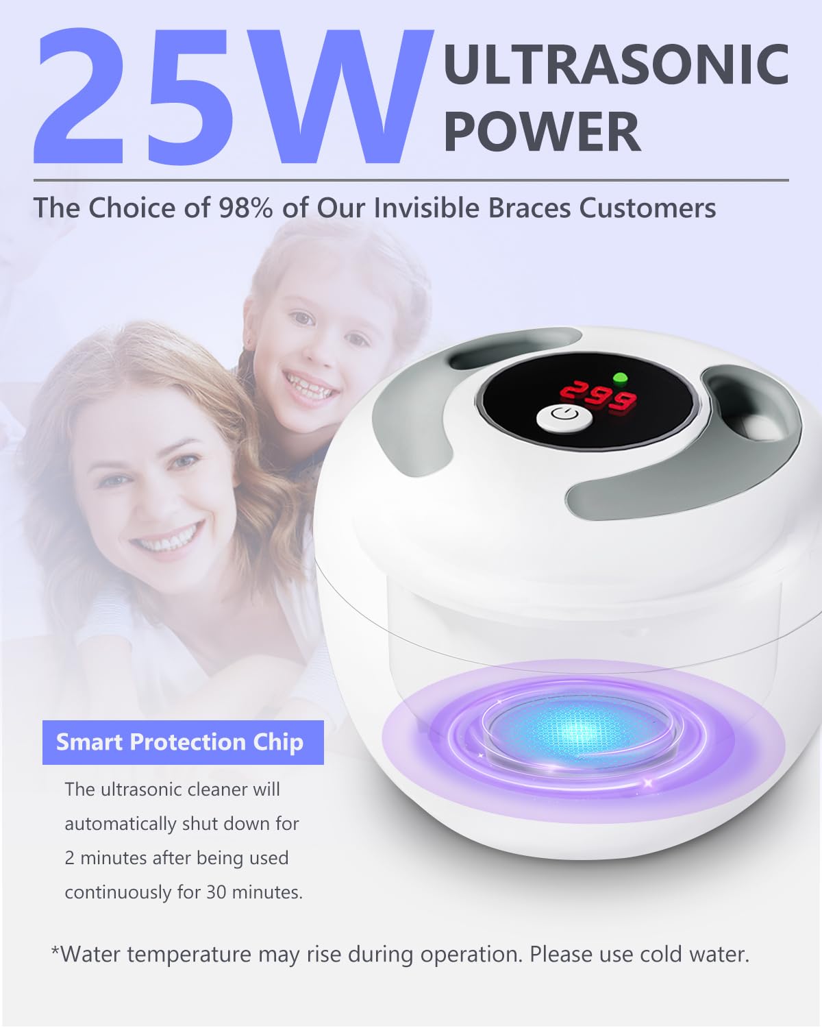 Dental Ultrasonic Retainer Cleaner – 45kHz, 4-Mode UV Denture Cleaner, 200ml Portable (White)
