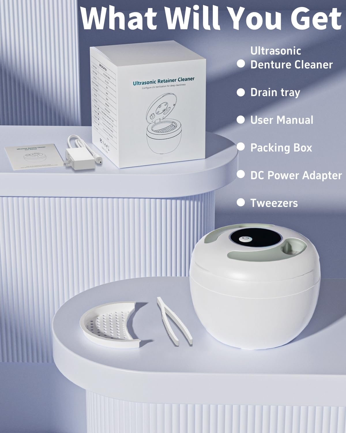 Dental Ultrasonic Retainer Cleaner – 45kHz, 4-Mode UV Denture Cleaner, 200ml Portable (White)