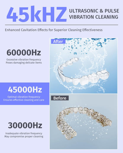 Dental Ultrasonic Retainer Cleaner – 45kHz, 4-Mode UV Denture Cleaner, 200ml Portable (White)