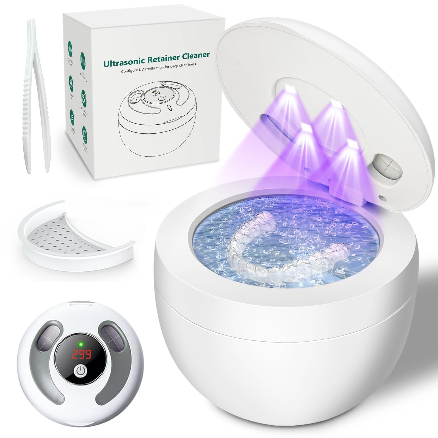 Dental Ultrasonic Retainer Cleaner – 45kHz, 4-Mode UV Denture Cleaner, 200ml Portable (White)