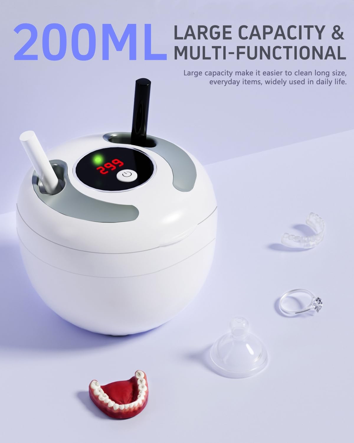 Dental Ultrasonic Retainer Cleaner – 45kHz, 4-Mode UV Denture Cleaner, 200ml Portable (White)