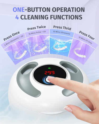 Dental Ultrasonic Retainer Cleaner – 45kHz, 4-Mode UV Denture Cleaner, 200ml Portable (White)