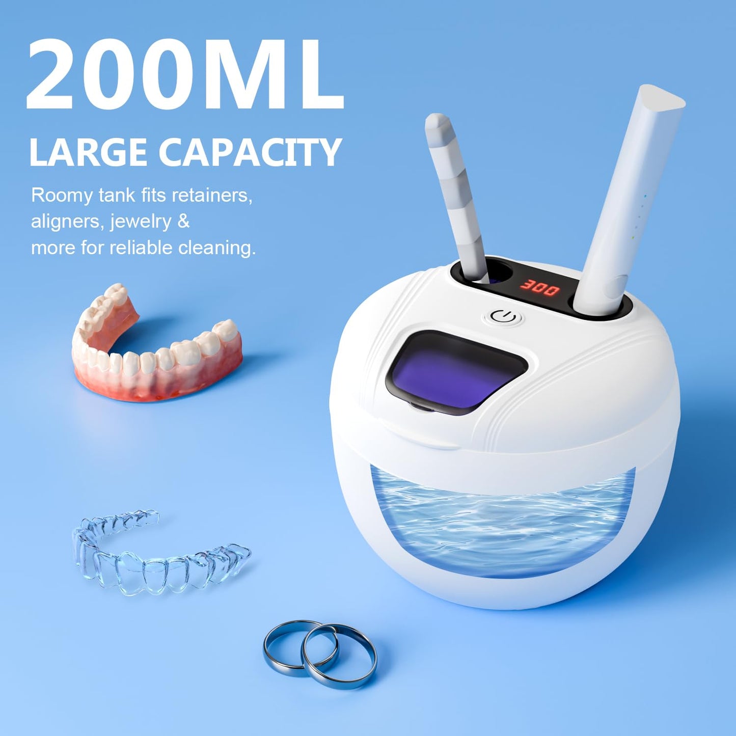 Dental Ultrasonic Retainer Cleaner - 45kHz, 200ML for Dentures & Aligners