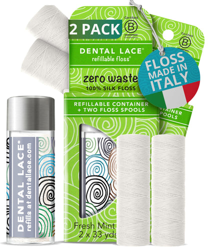 Dental Lace Refillable Silk Dental Floss – 100% Silk, Mint, PFAS & PTFE Free (Pack of 2)