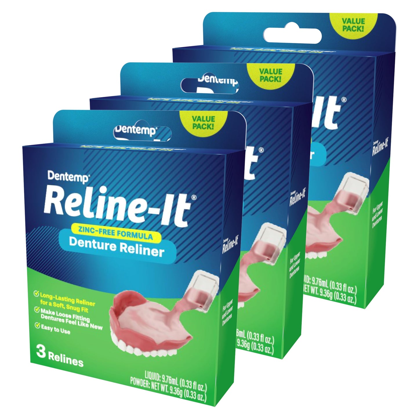 Dentemp Reline-It Denture Reliner Kit – Value Pack, 3-Pack (9 Relines)