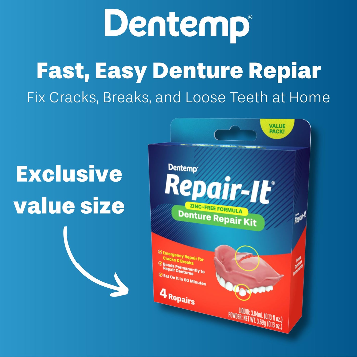 Dentemp Repair-It Advanced Formula Denture Repair Kit - Value Size for Cracks & Loose Teeth