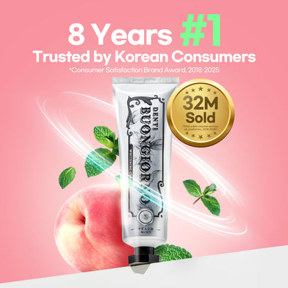 DENTI BUONGIORNO Peach Mint Whitening Toothpaste (3 Pack) – Natural Fluoride, Korean Formula, Paraben & SLS Free