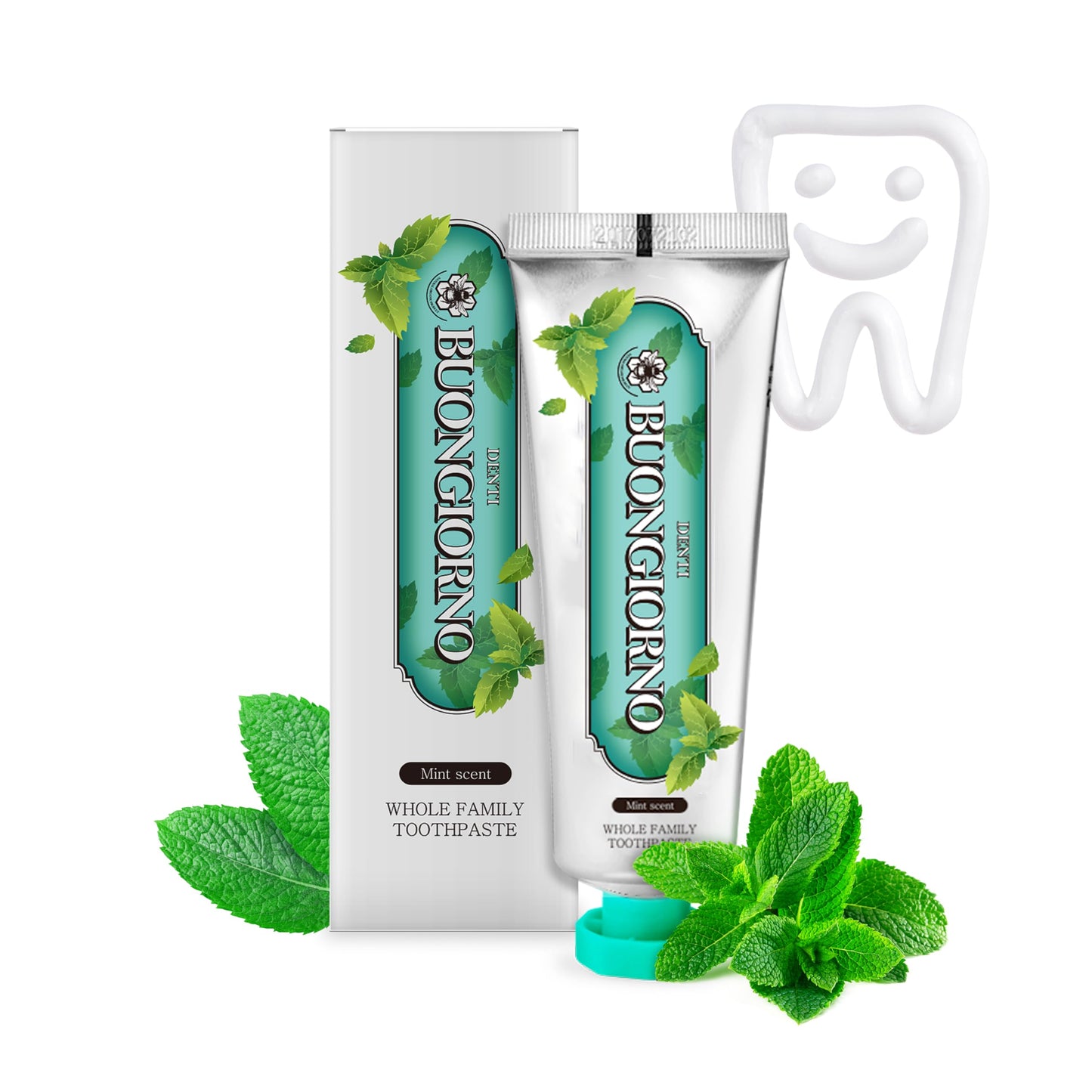 DENTI BUONGIORNO Herbal Mint Toothpaste - Natural Fluoride, Fresh Breath, Plaque Removal (3.52 fl oz / 100 g)