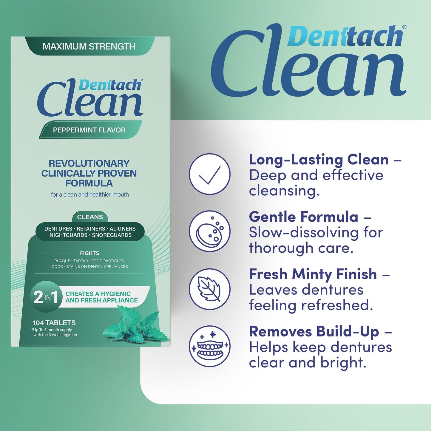 Denttach Clean Retainer & Denture Cleaner Tablets – Maximum Strength Peppermint, 208 Count (2x104)