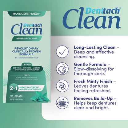 Denttach Clean Retainer & Denture Cleaner Tablets – Maximum Strength Peppermint, 208 Count (2x104)