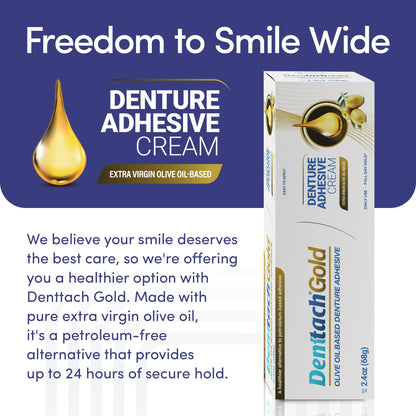 Denttach Gold Olive Oil Denture Adhesive – Zinc & Petroleum Free, 2.4 oz