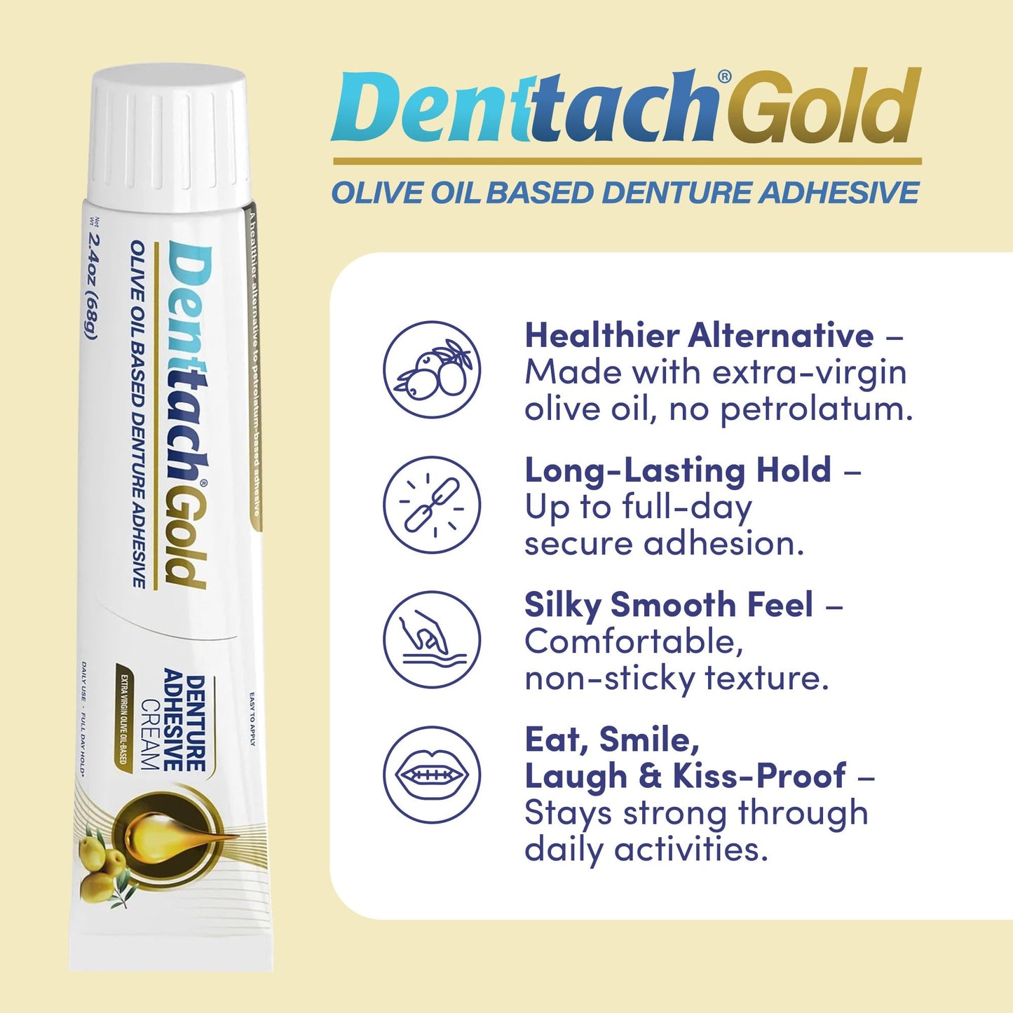 Denttach Gold Olive Oil Denture Adhesive – Zinc & Petroleum Free, 2.4 oz