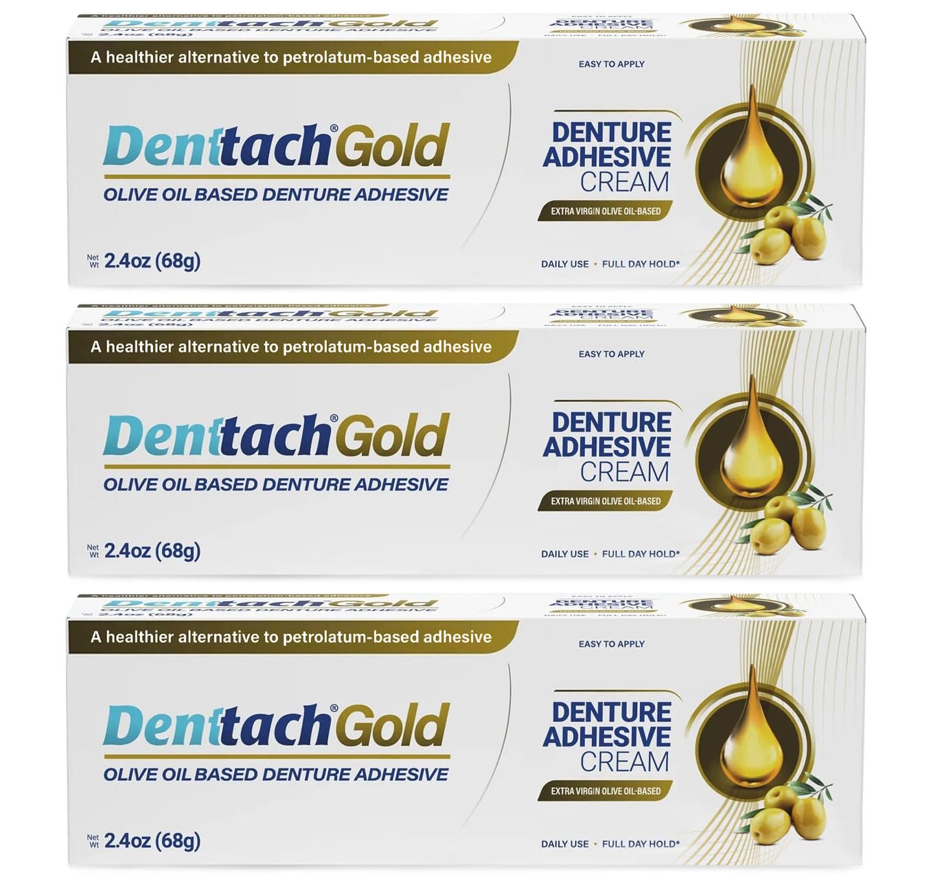 Denttach Gold Olive Oil Denture Adhesive – Zinc-Free, All-Day Hold (2.4 oz x3)