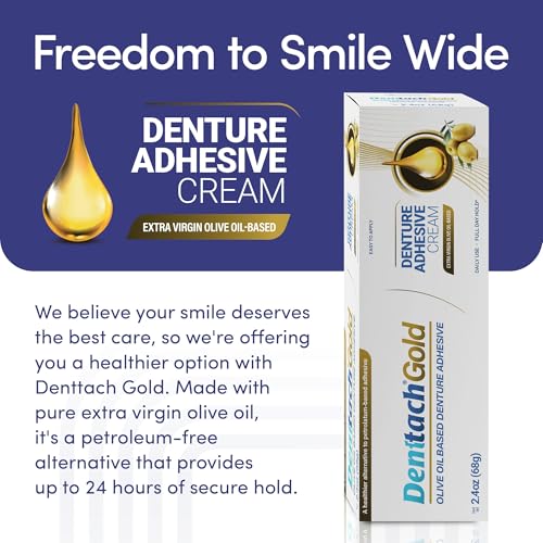 Denttach Gold Olive Oil Denture Adhesive – Zinc-Free, All-Day Hold (2.4 oz x3)