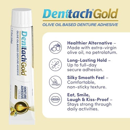 Denttach Gold Olive Oil Denture Adhesive – Zinc-Free, All-Day Hold (2.4 oz x3)
