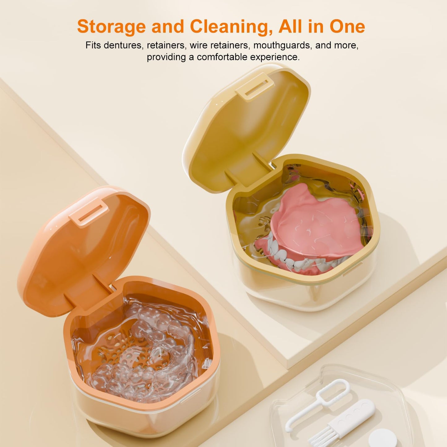Denture Bath Case - Food-Grade Retainer Box, 3-Layer Seal, Travel White