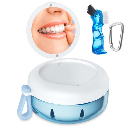 Denture Bath Case - Leak-Proof Portable Retainer Case (Blue) with Strainer & Mirror