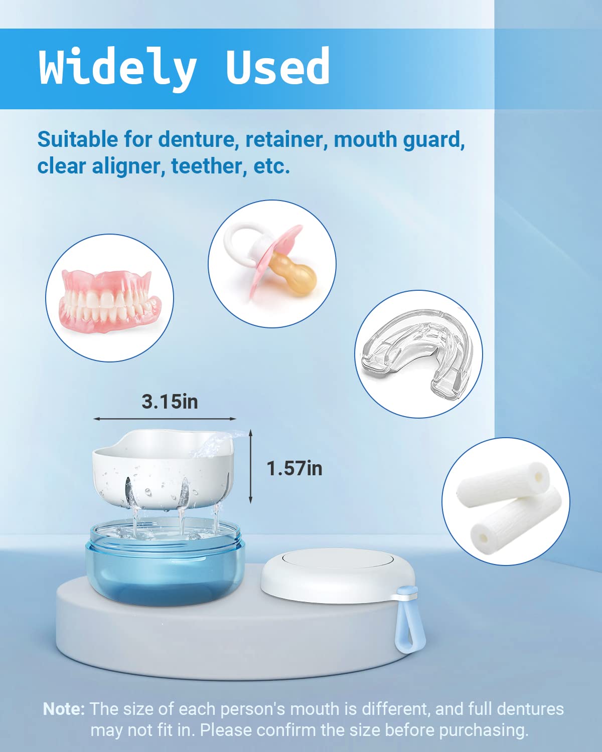Denture Bath Case - Leak-Proof Portable Retainer Case (Blue) with Strainer & Mirror