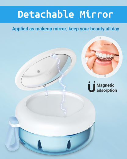 Denture Bath Case - Leak-Proof Portable Retainer Case (Blue) with Strainer & Mirror