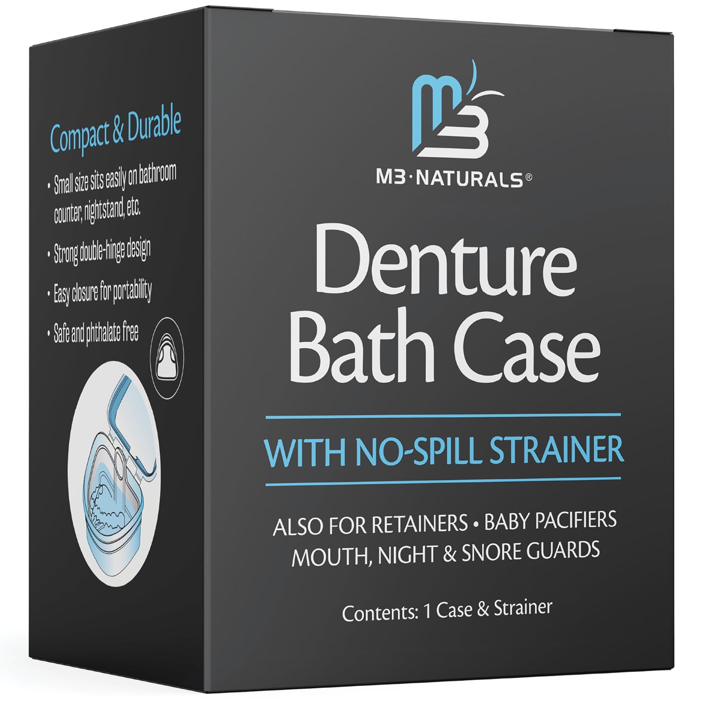 Denture Bath Case & Retainer Case – Spill-Free Portable Cleaner Kit by M3 Naturals