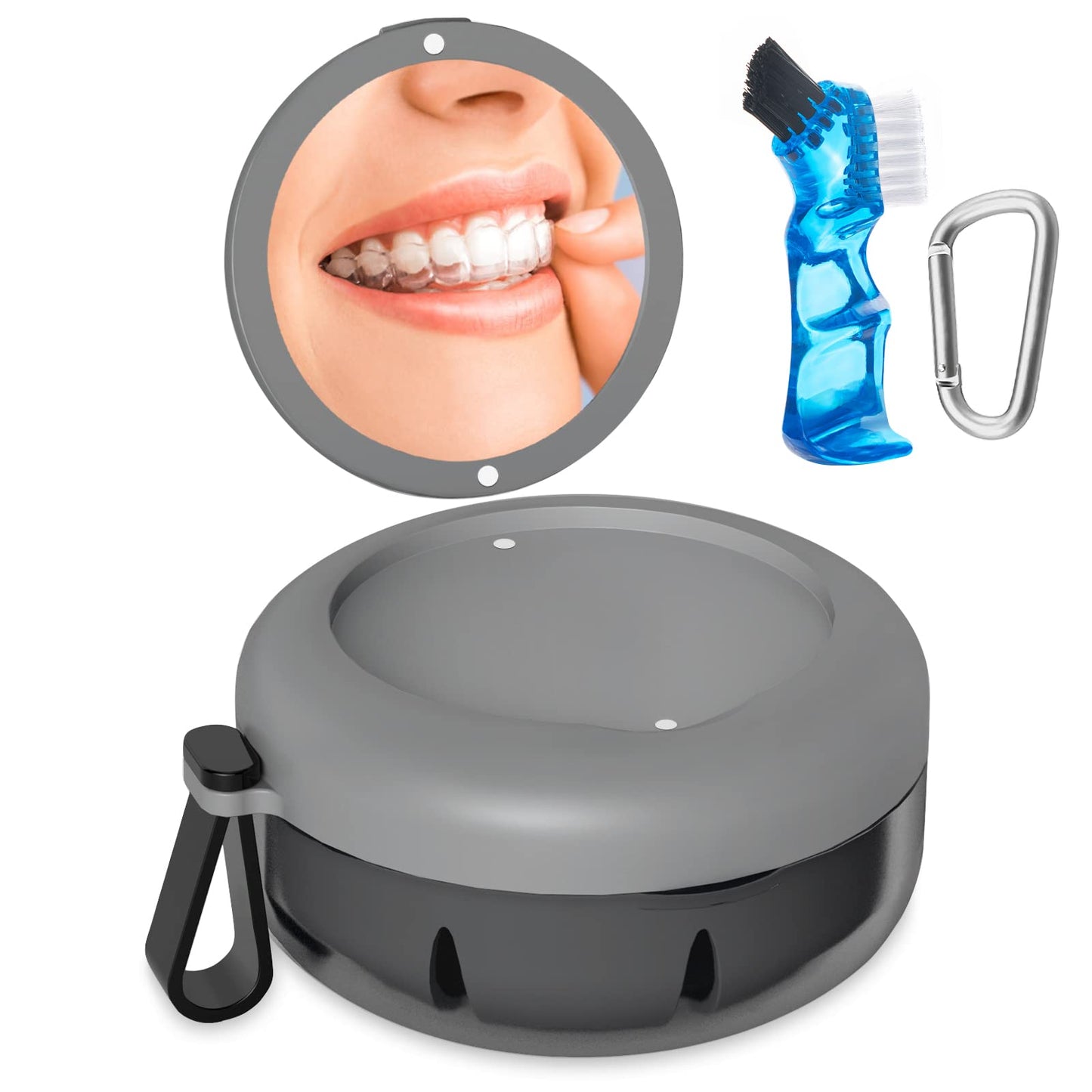 Denture Bath Case Gray – Leak-Proof Portable Retainer Box with Cleaning Kit