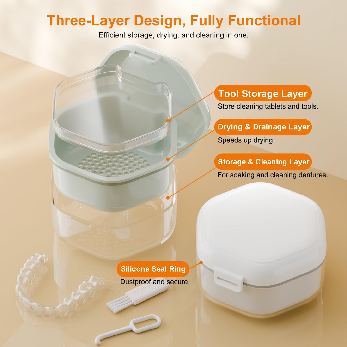 Denture Bath Case - Food-Grade Denture Cup with Removable Layers (Light Green)