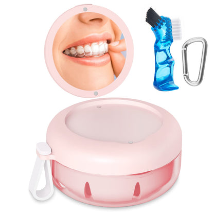 Denture Bath Case – Leak-Proof Portable Retainer Box (Pink) with Cleaning Kit