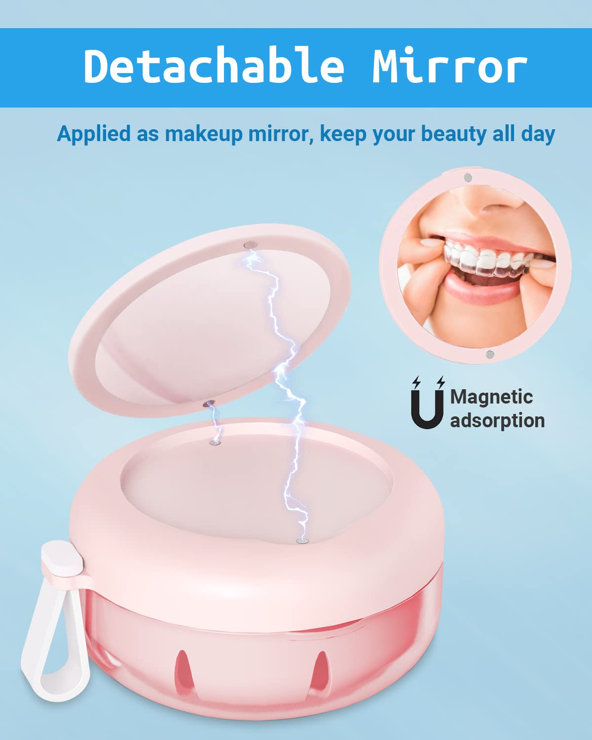 Denture Bath Case – Leak-Proof Portable Retainer Box (Pink) with Cleaning Kit