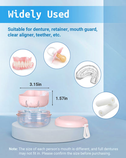 Denture Bath Case – Leak-Proof Portable Retainer Box (Pink) with Cleaning Kit