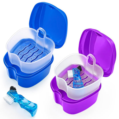 2 Pack Denture Bath Case – Purple & Dark Blue Travel Holder with Brush