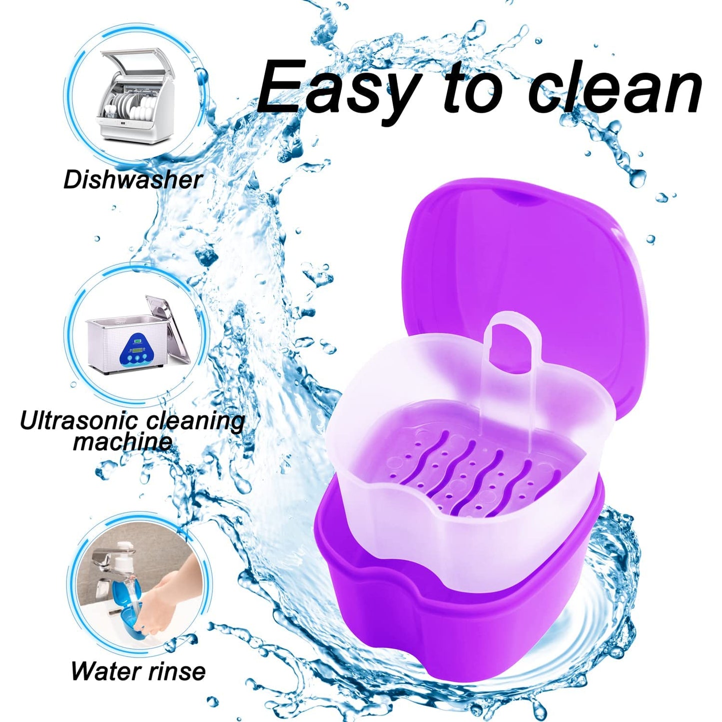2 Pack Denture Bath Case – Purple & Dark Blue Travel Holder with Brush