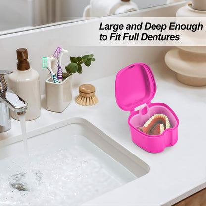 2 Pack Denture Bath Case Cup - Rose Red & Black | Retainer Cleaner Holder & Travel Storage