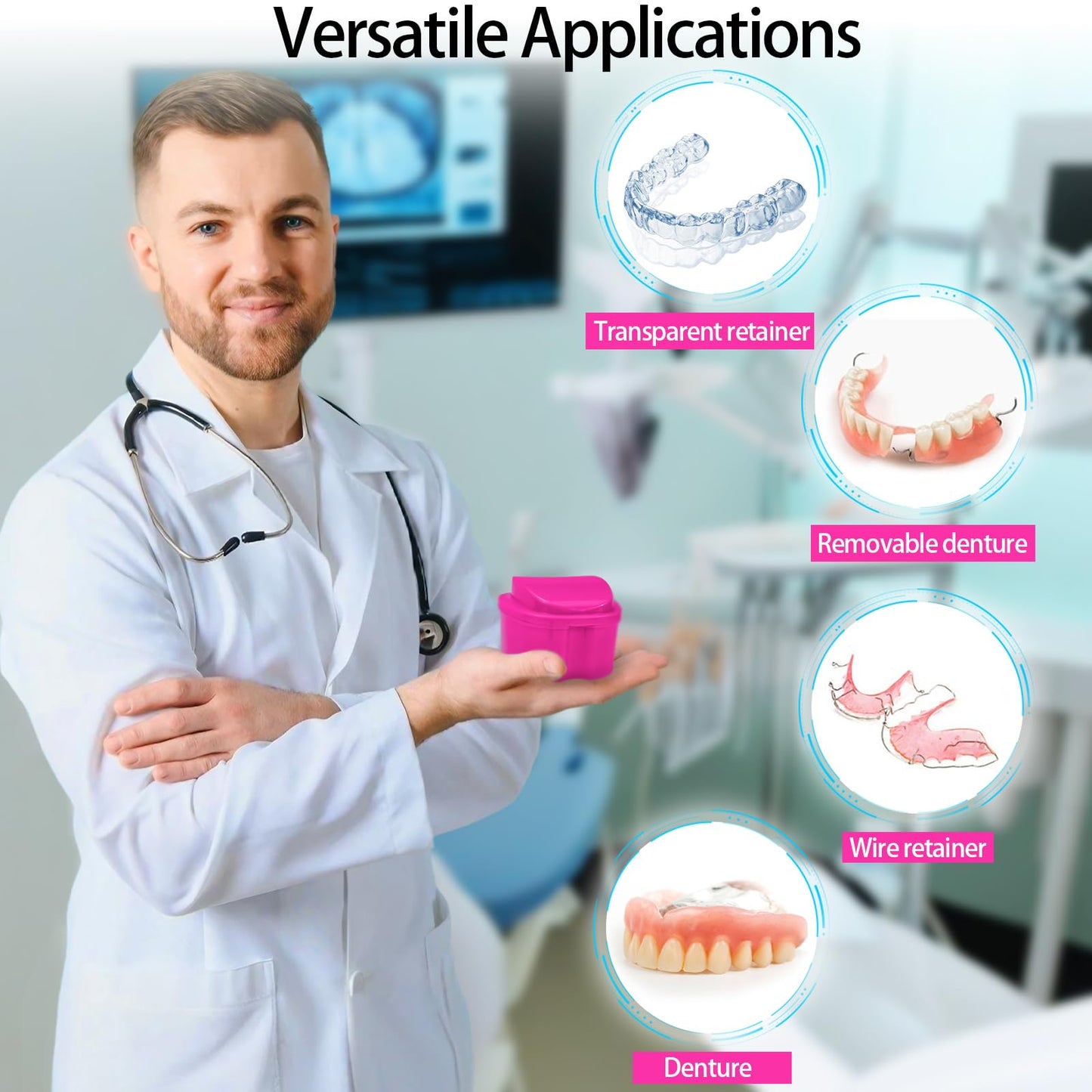 2 Pack Denture Bath Case Cup - Rose Red & Black | Retainer Cleaner Holder & Travel Storage