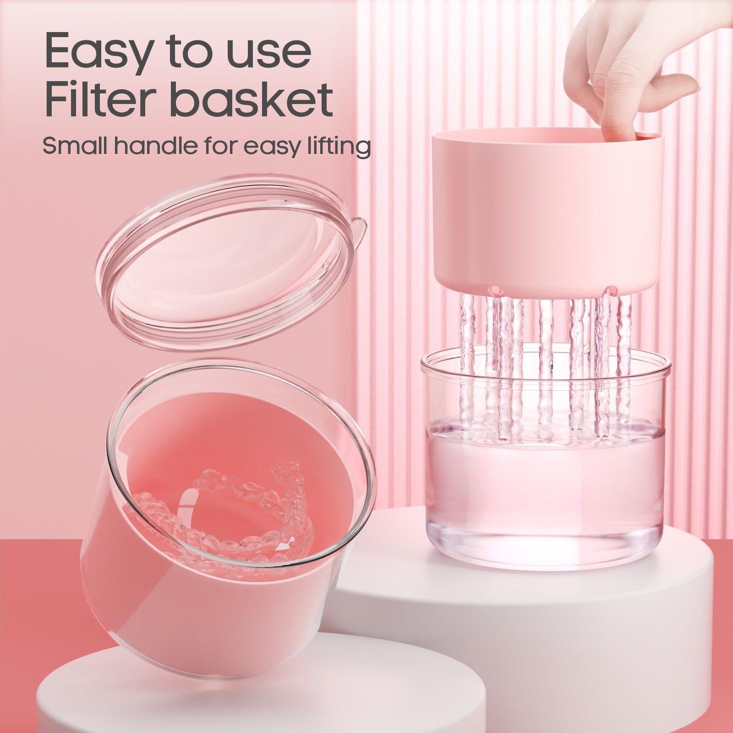 Denture Case Pink - Bath Cup with Brush for Dentures & Retainers