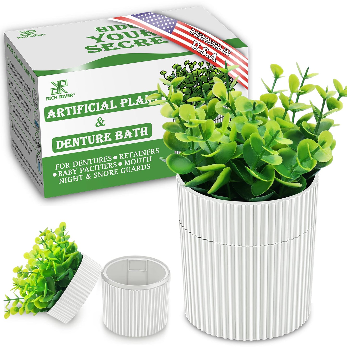Denture Bath – Invisible Denture Case Hidden as Artificial Eucalyptus Plant | Retainer & Denture Cup