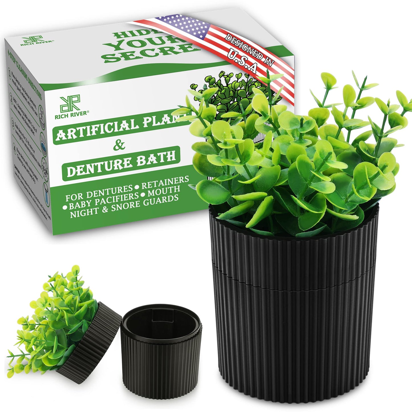 Denture Bath: Artificial Eucalyptus Potted Denture Case with Strainer