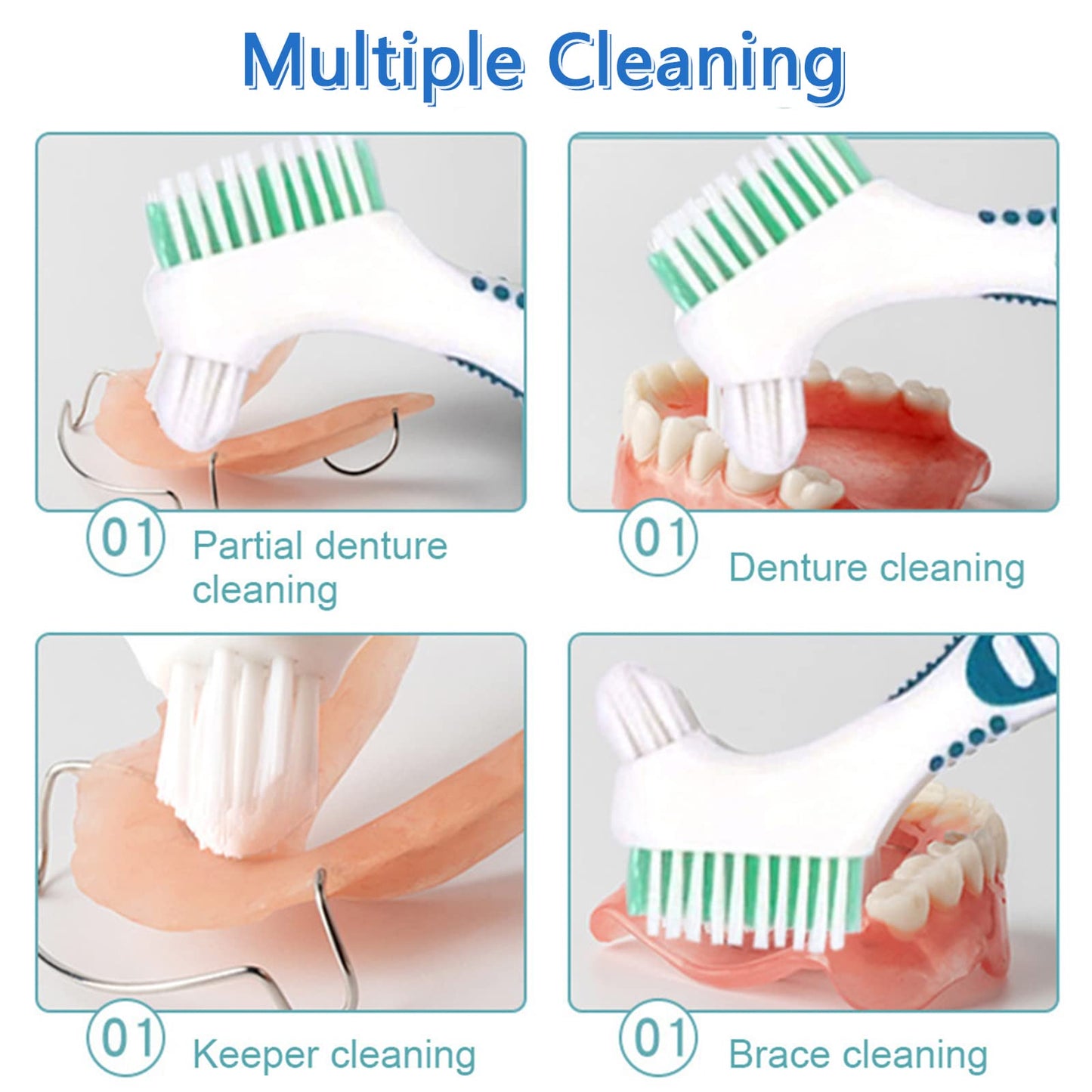 4-Piece Denture Brush Set for False Teeth – Multi-Layered Bristles, Ergonomic Rubber Handle
