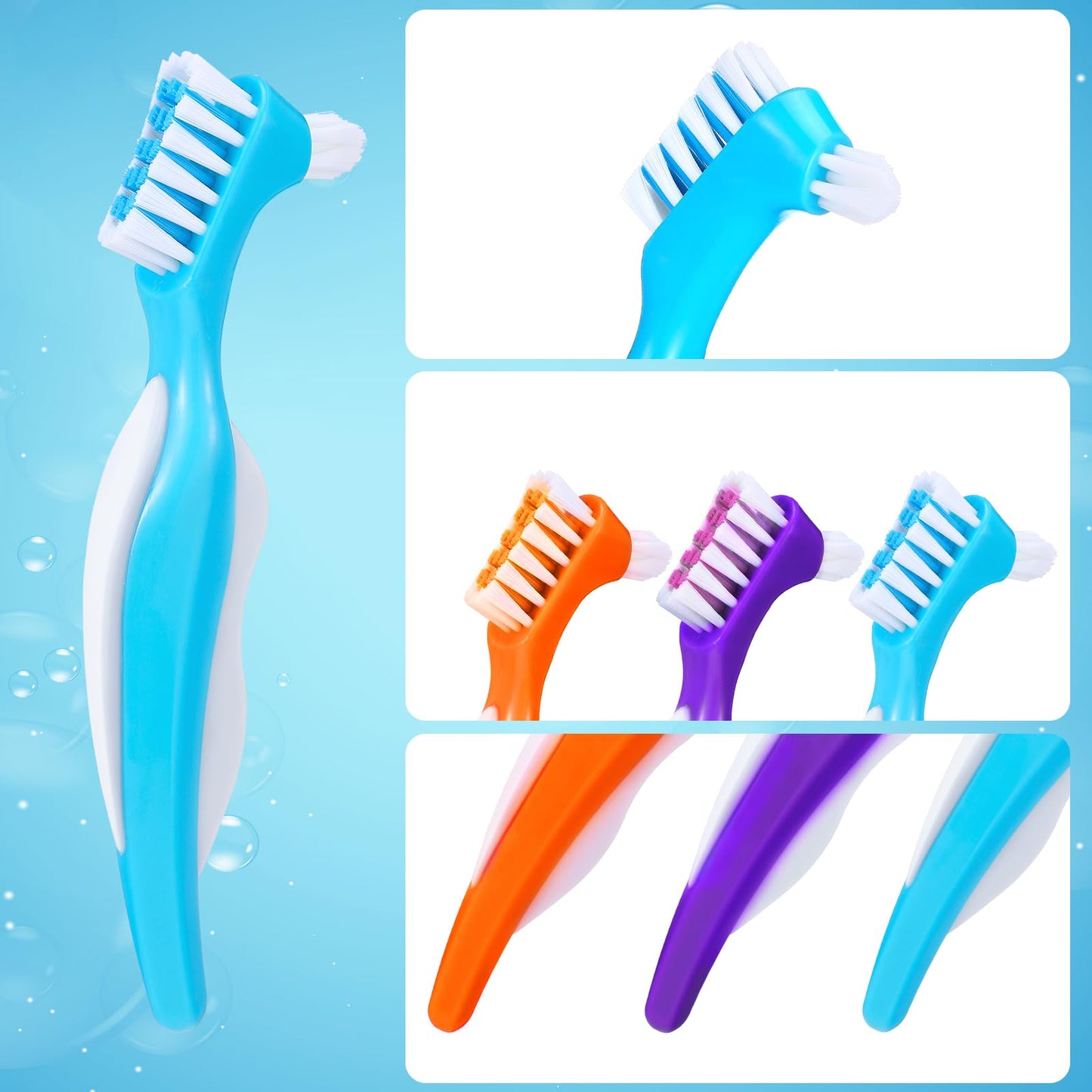 6 Pack Denture Cleaning Brush Dual Head – Angled, Portable Nylon Bristle Toothbrush (Blue/Orange/Purple)