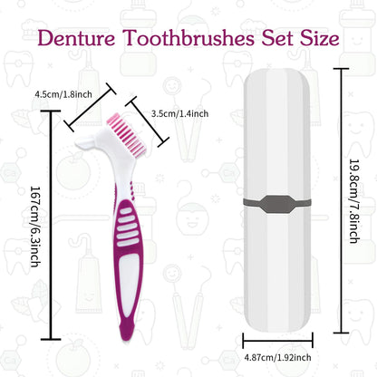 Denture Brush 2-Piece Set with White Carrying Case – Comfort Grip