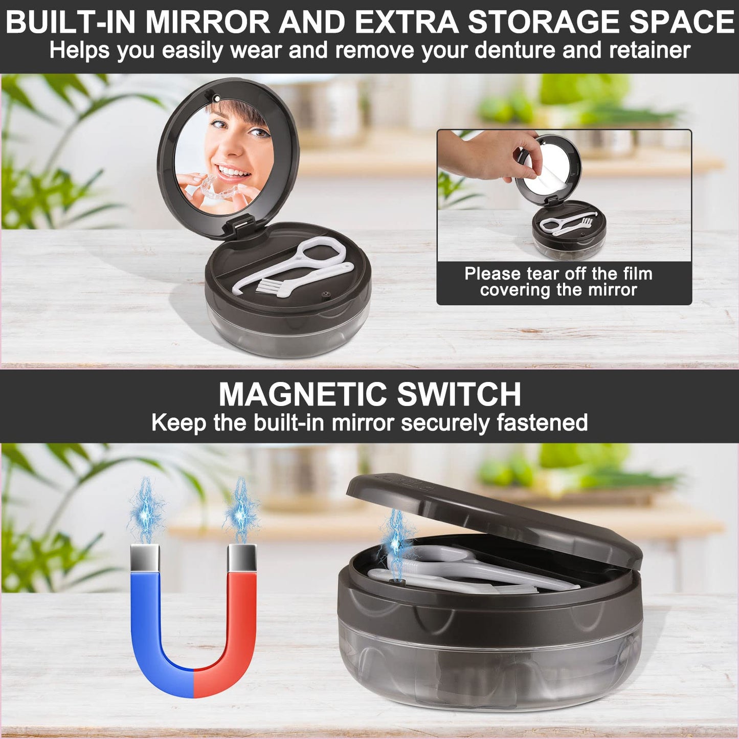 Leak-Proof Denture Case with Mirror - Travel Bath Box Grey