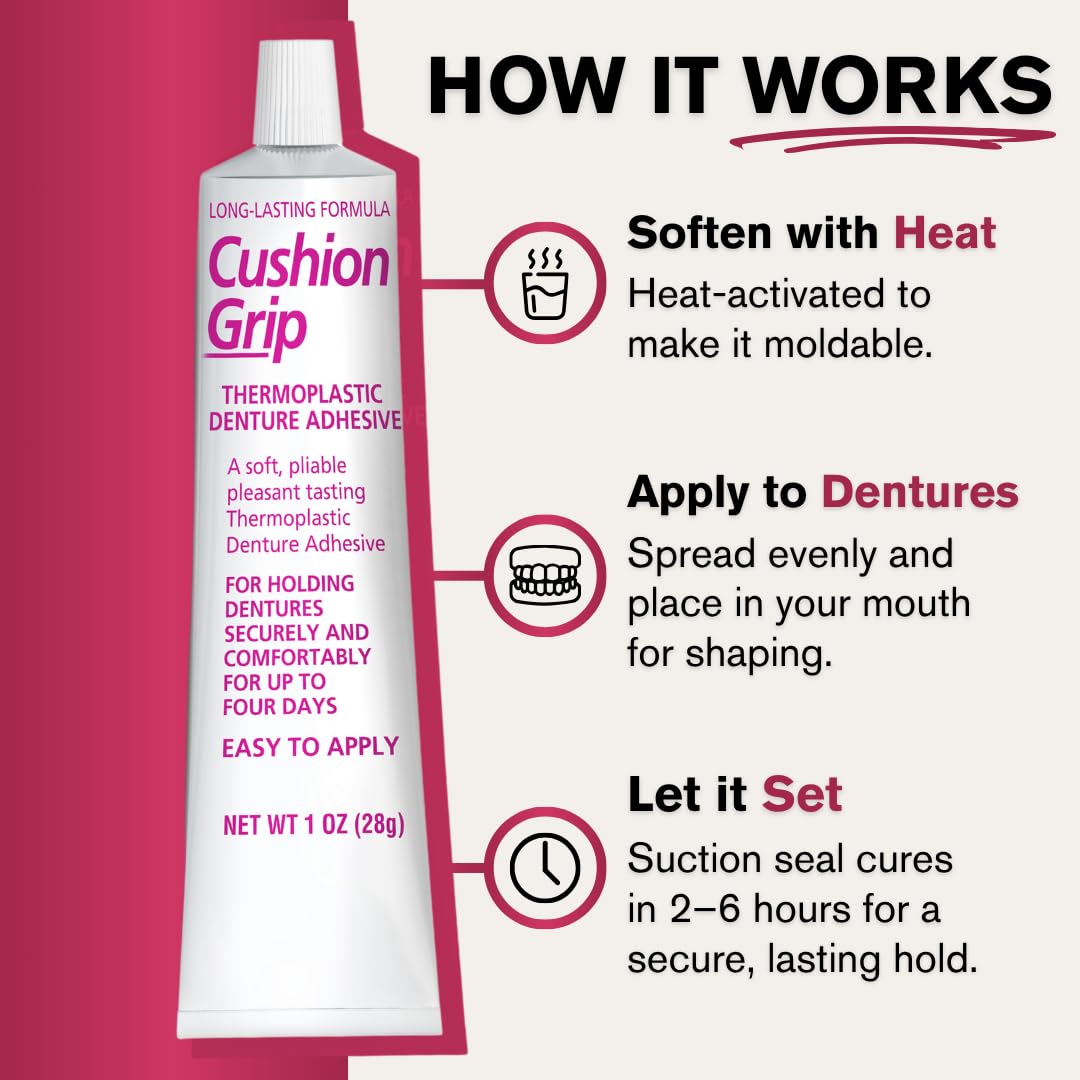 Cushion Grip Thermoplastic Denture Adhesive 1oz (6 Pack) – Extra Strong Hold Up to 4 Days