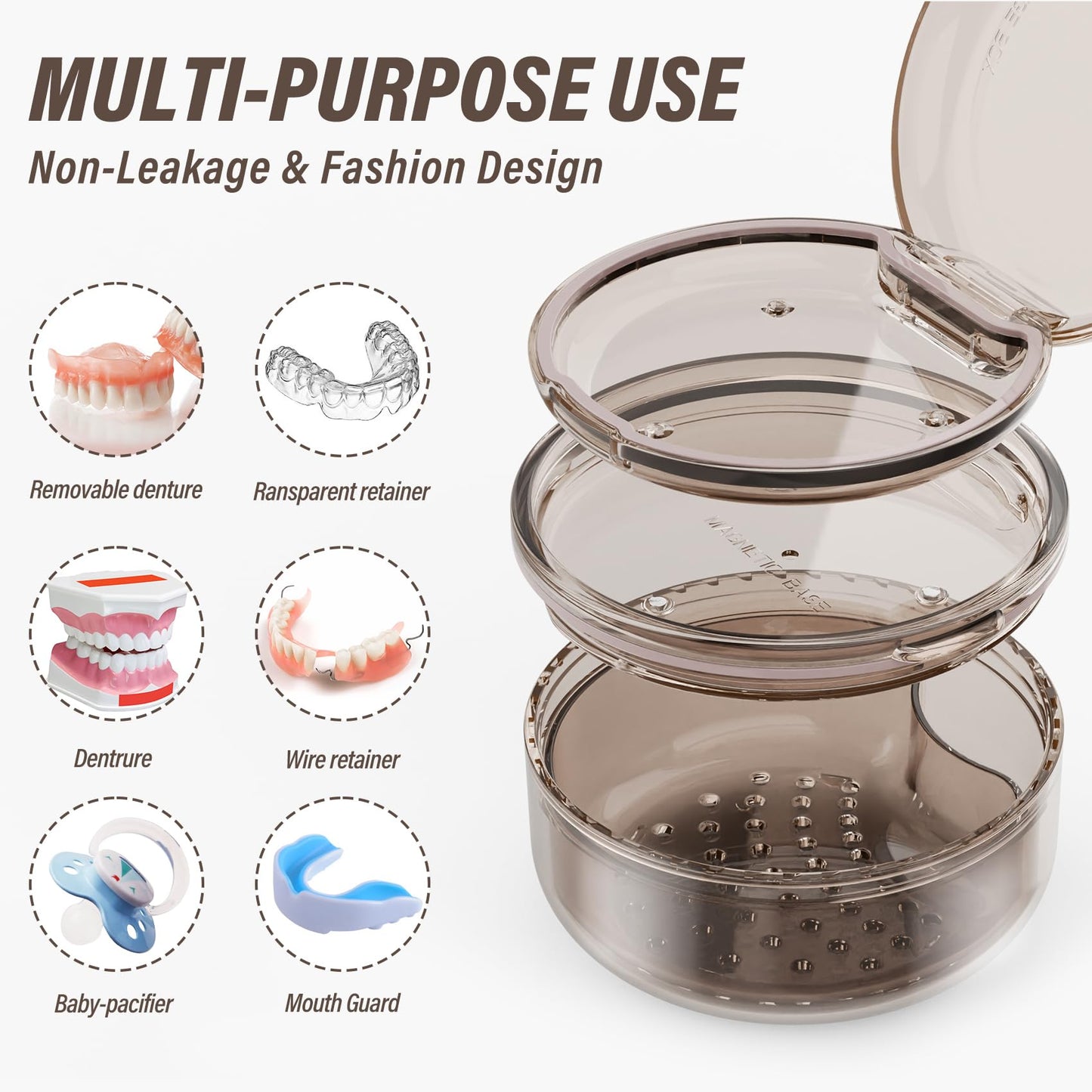 Denture Case Retainer Cleaning Case - 2 in 1 No-Leak, Portable 3.78" x 2.24"