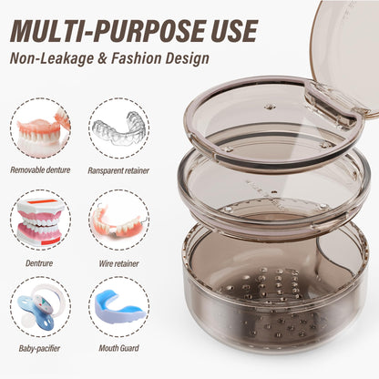 Denture Case Retainer Cleaning Case - 2 in 1 No-Leak, Portable 3.78" x 2.24"