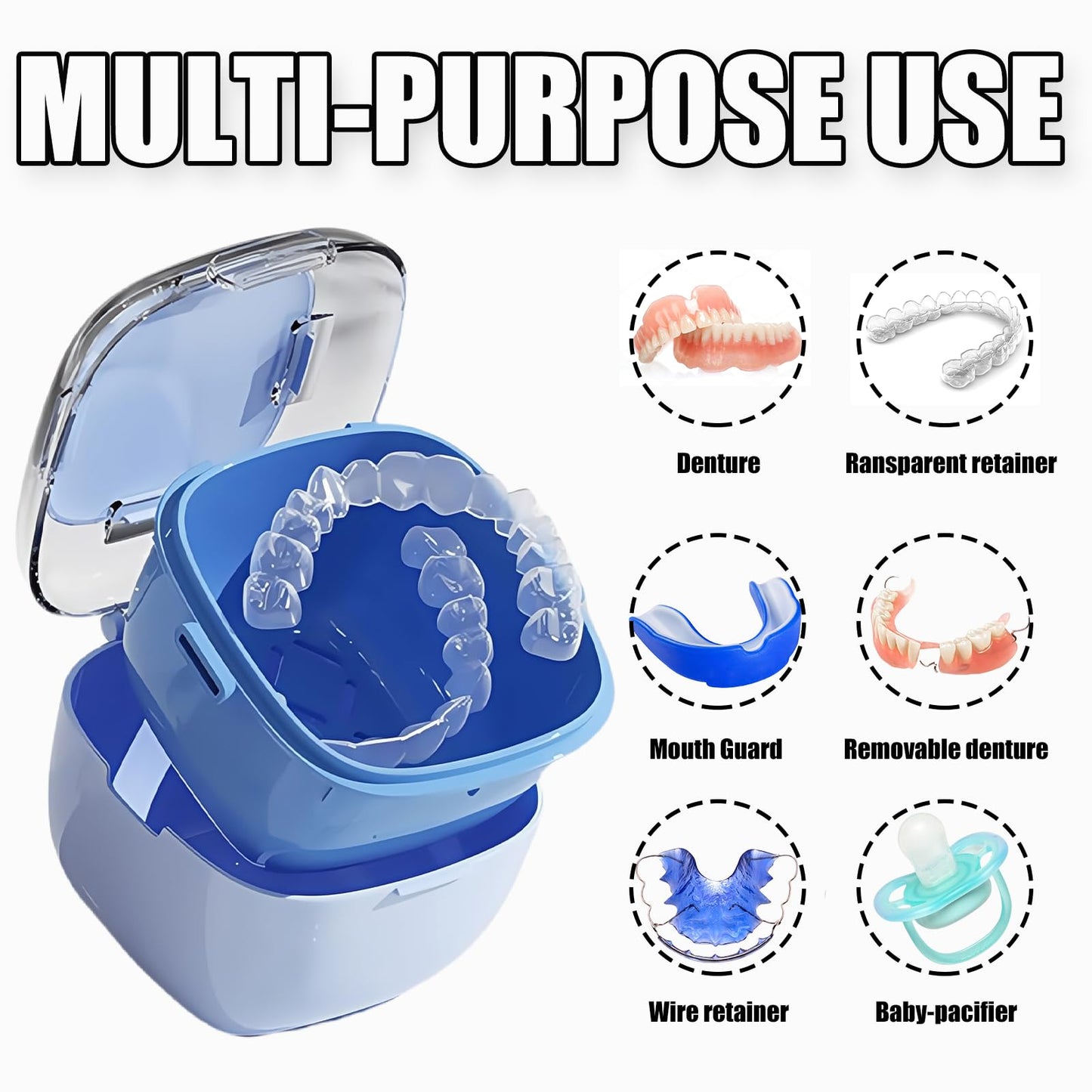 Large Capacity Denture Case with Brush & Mirror – Retainer Cleaning Box