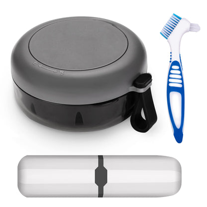 Denture Case with Brush – No-Leak Travel Retainer Box (Black) with Mirror, Strainer & Portable Toothbrush Box