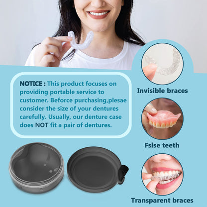 Denture Case with Brush – No-Leak Travel Retainer Box (Black) with Mirror, Strainer & Portable Toothbrush Box