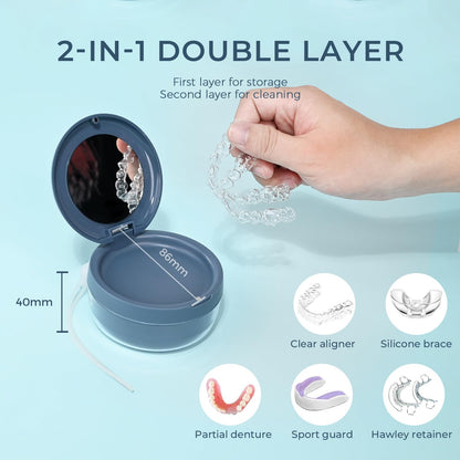 Denture Case - Leak-Proof Denture Bath Cup | Cleaning & Storage Box (Blue)