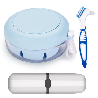 Denture Case with Brush & Portable Box - No-Leak Travel Retainer Case (Blue)