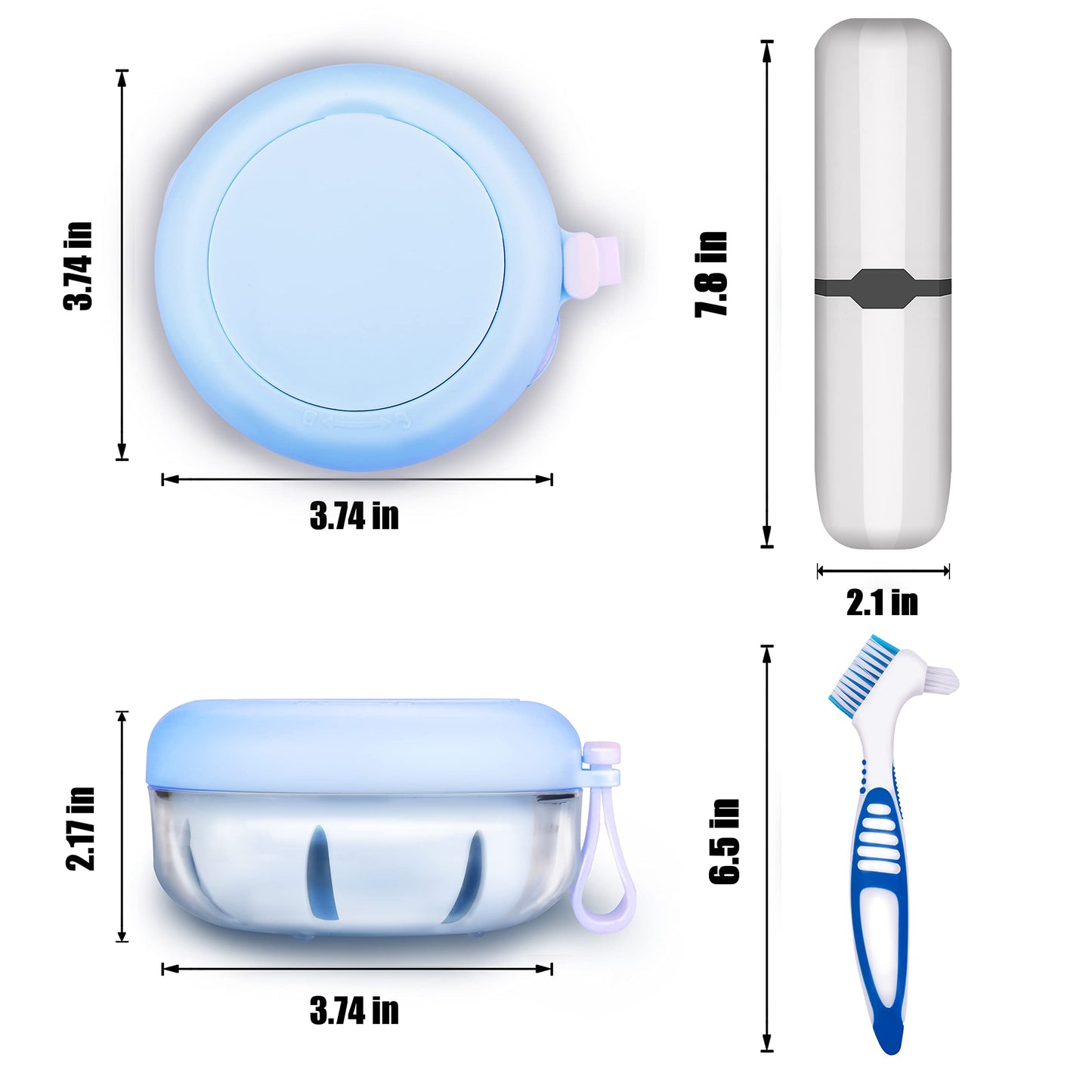 Denture Case with Brush & Portable Box - No-Leak Travel Retainer Case (Blue)