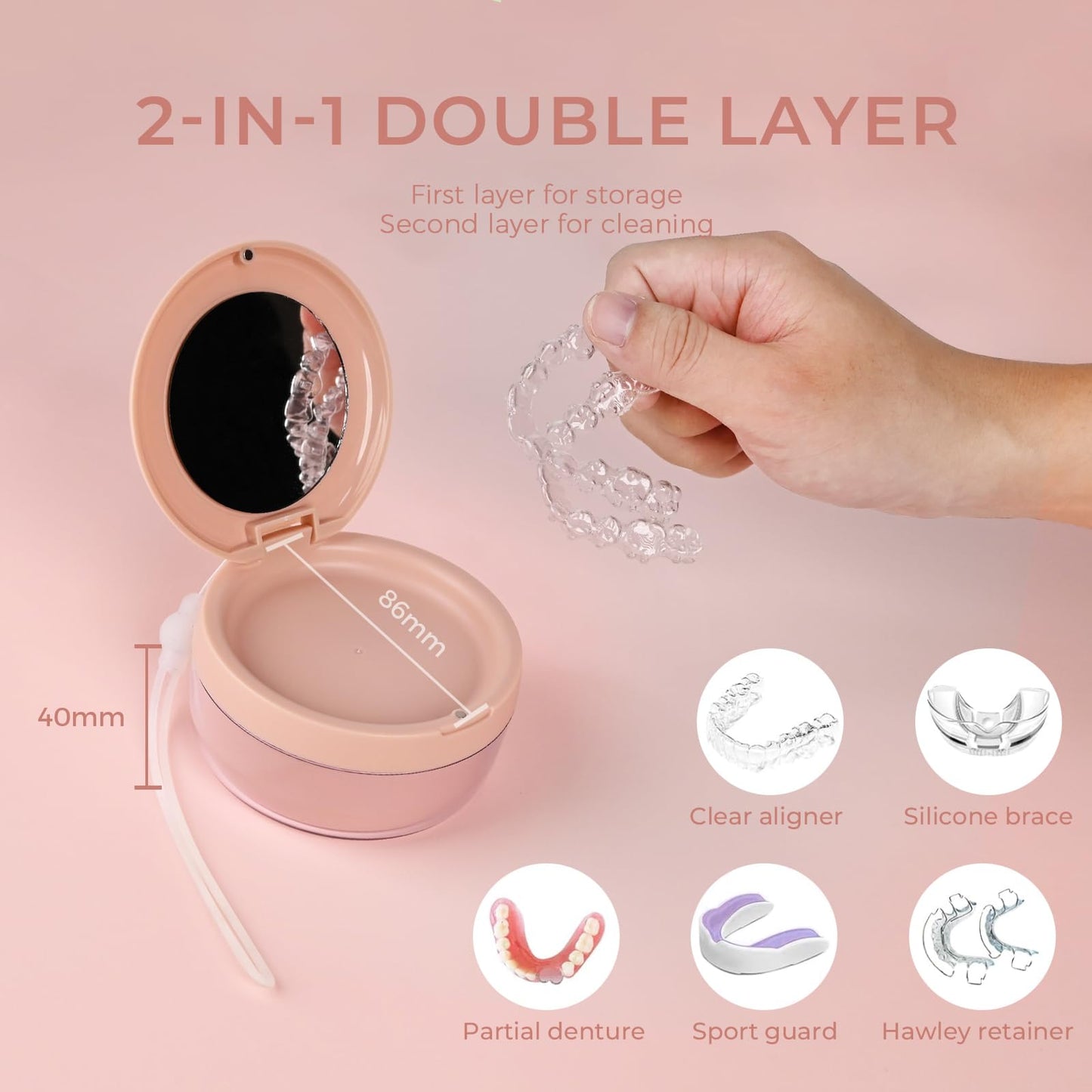 Denture Case – Leak-Proof Denture Bath Cup, Storage & Cleaning Container (Pink)
